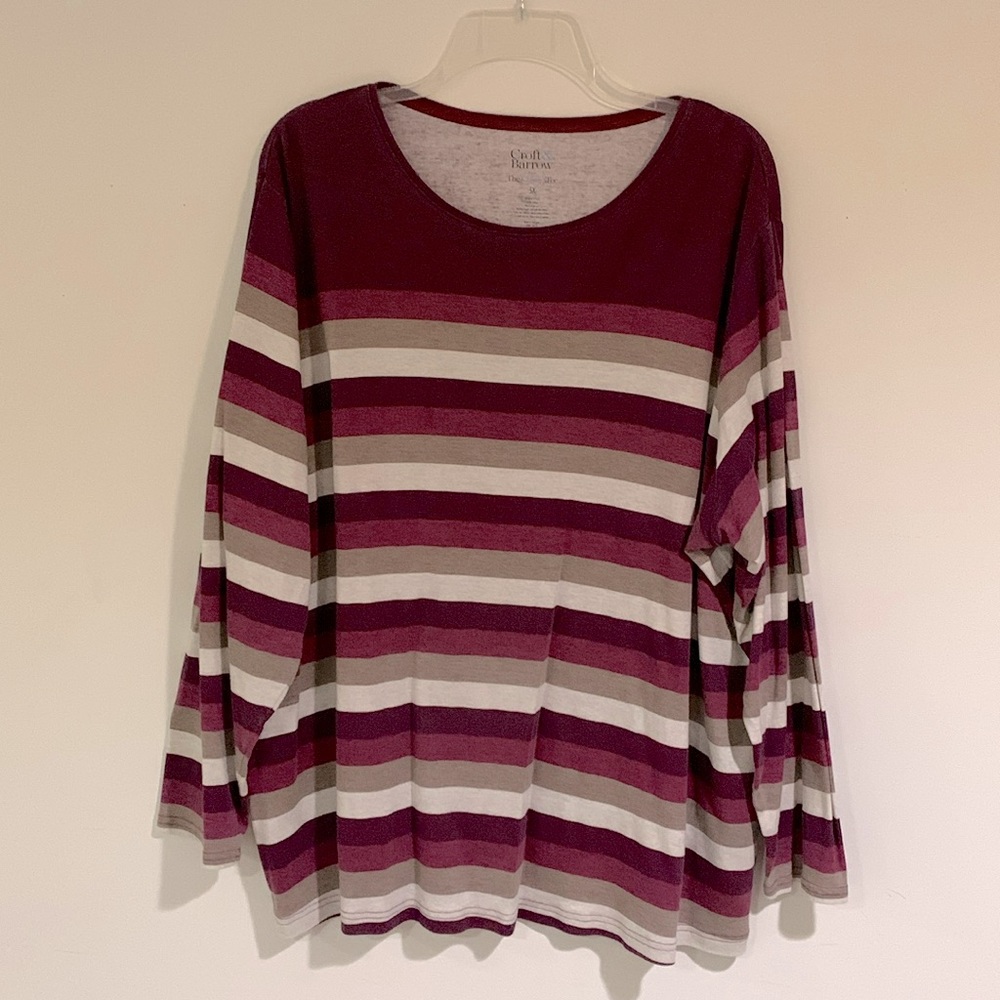 Croft & Barrow Women’s Long Sleeve Classic Tee, Fuchsia/Tan/White Stripes, 3X